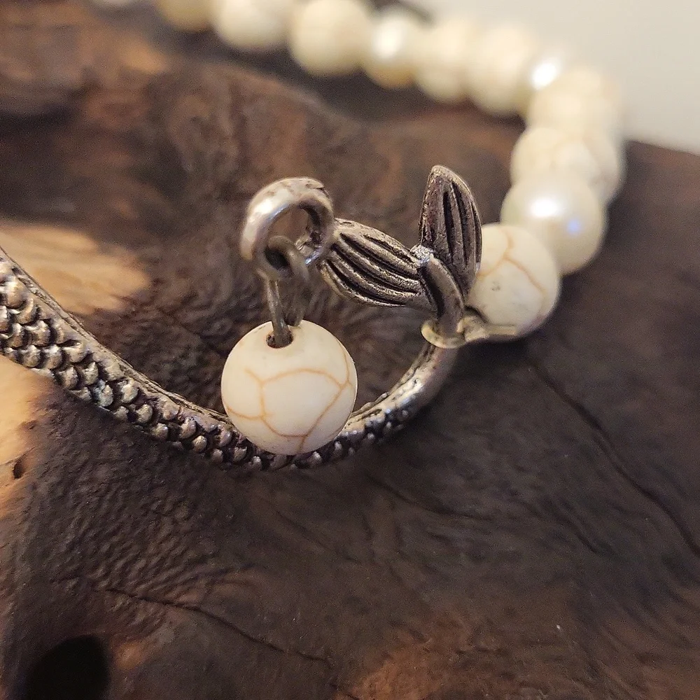 Mermaid  Silver, Pearl, & Gemstone Stretch Bracelet